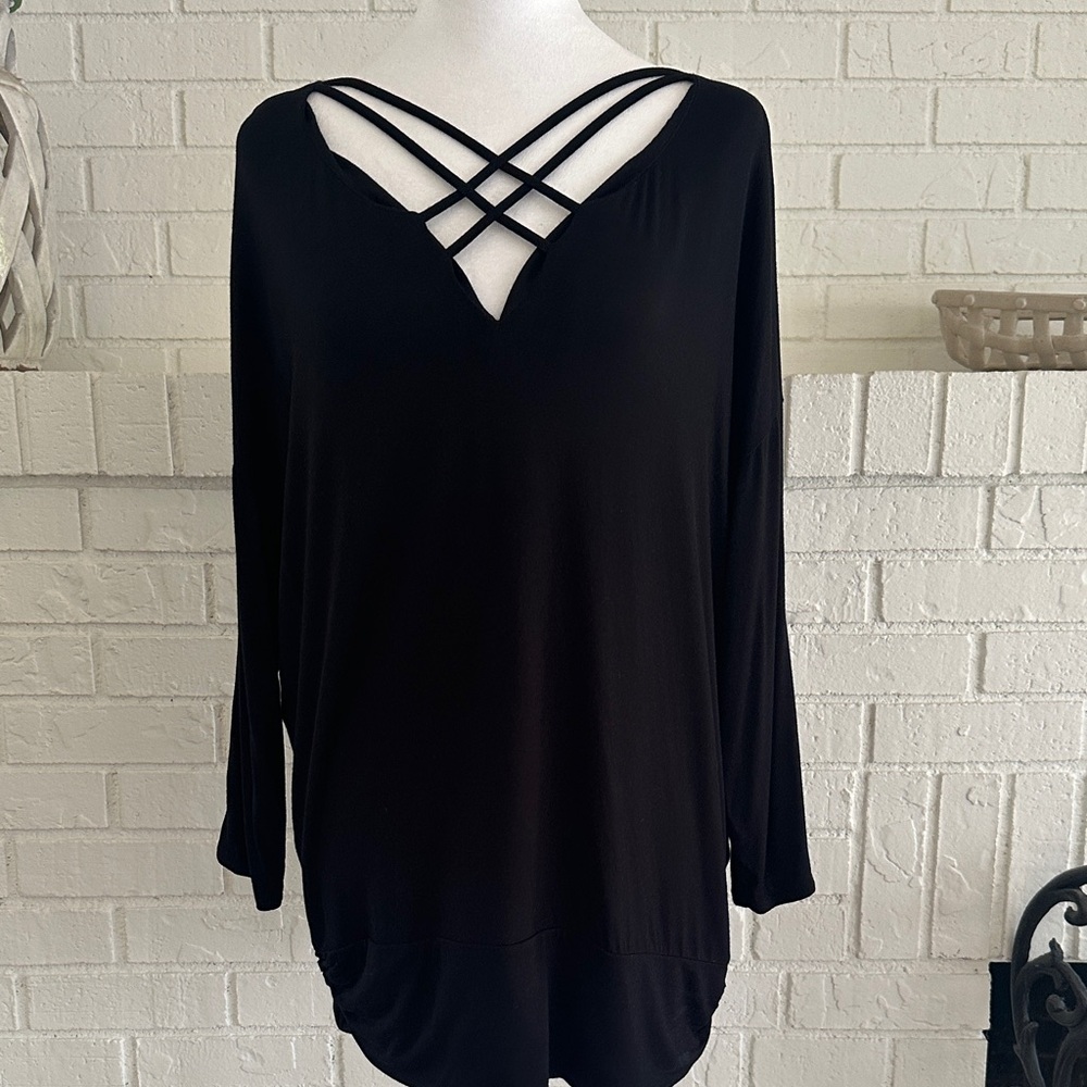 Thalia Sodi Black Crisscross Neckline Top Three Quarter Sleeve